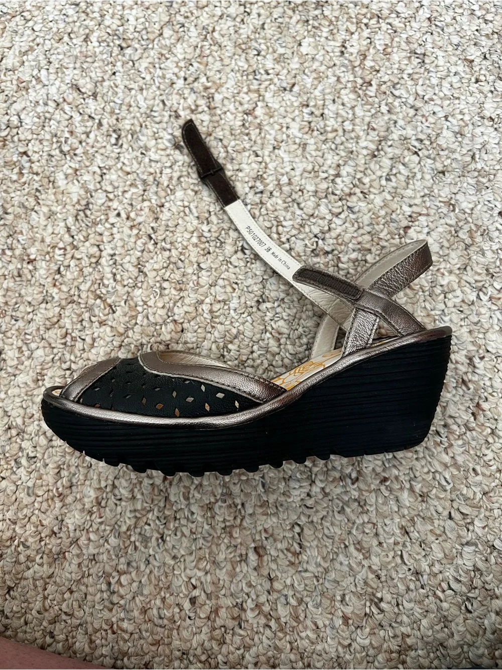 Fly London Black and Metallic Bronze Wedge Sandals 38